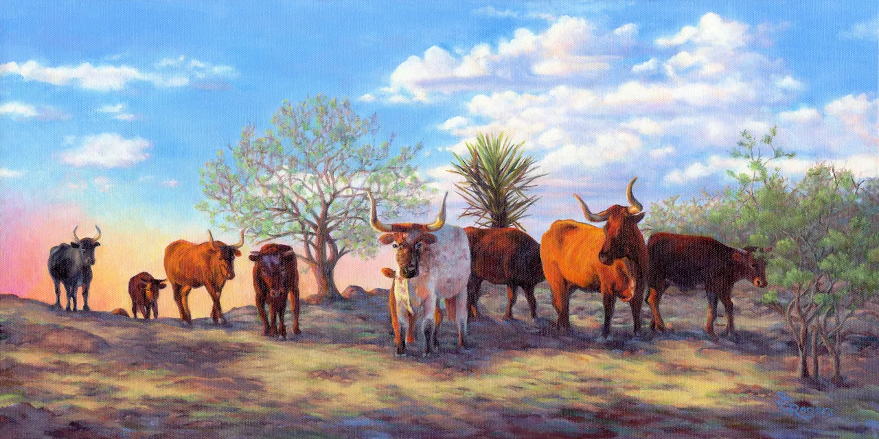 Painting of longhorn cattle standing along a hilltop at sunset, with a yucca and mesquite trees under a blue sky with clouds.