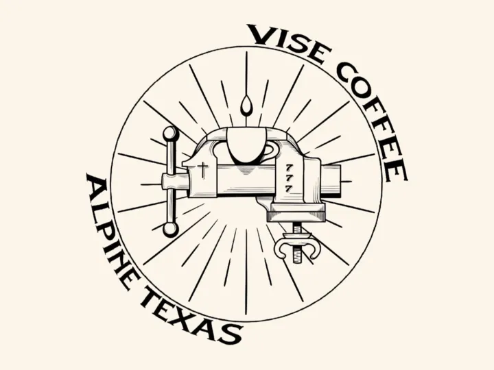 The Vise Coffee logo: a bench vise holding a coffee cup, with the words Vise Coffee, Alpine Texas.